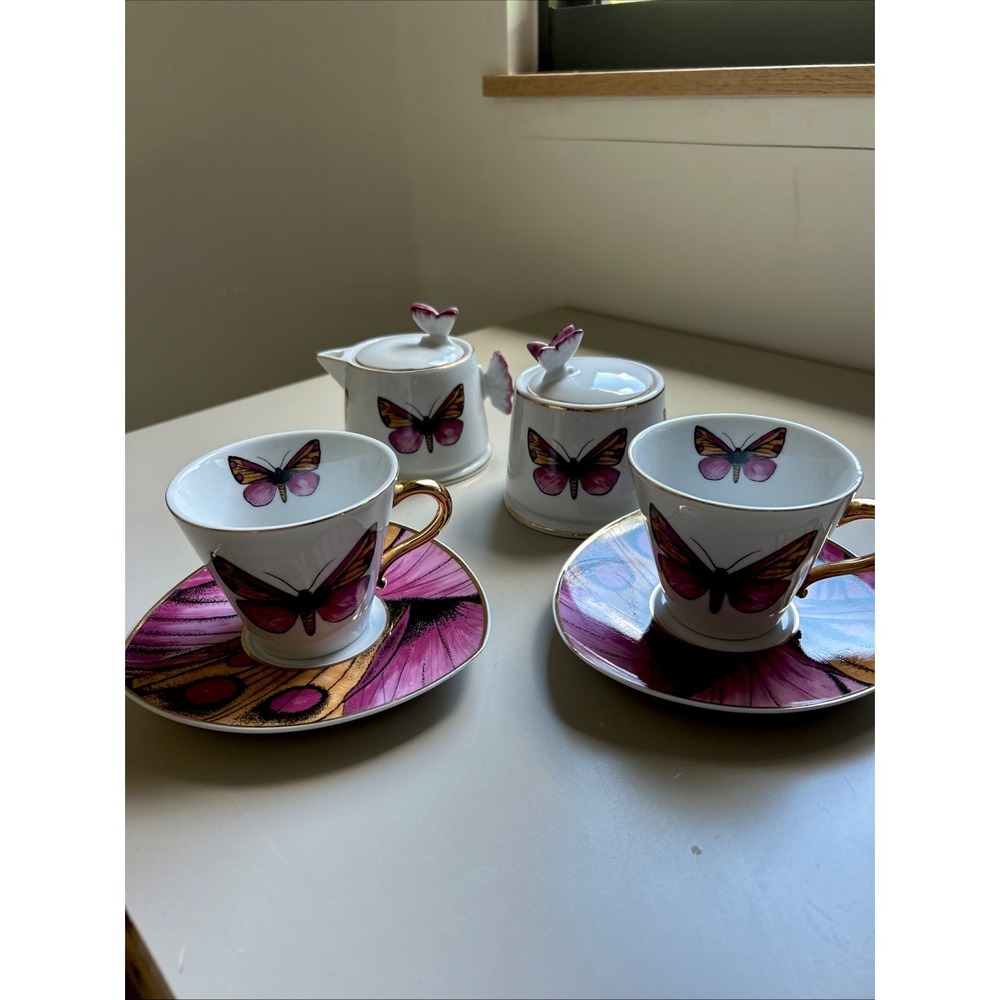 Grace Teaware Butterfly Tea Set Cups Saucers Creamer Sugar Bowl Pink Gold 6 Pc